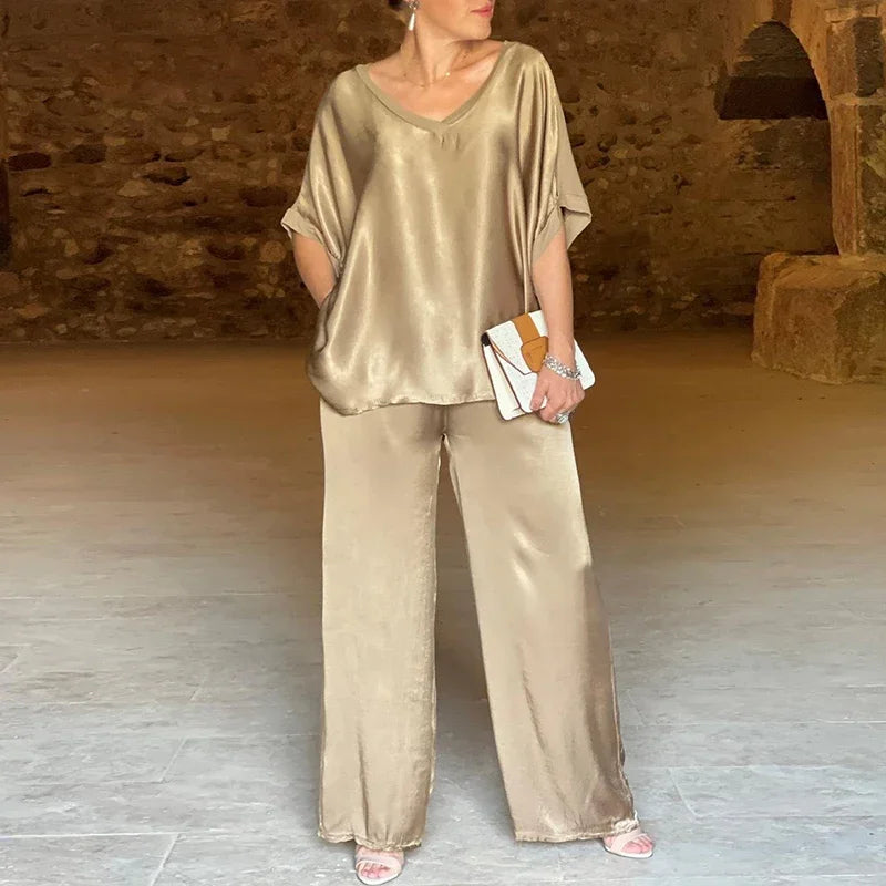 Soft Women's V-Neck Blouse and Pants Suit Set - BritishElegance
