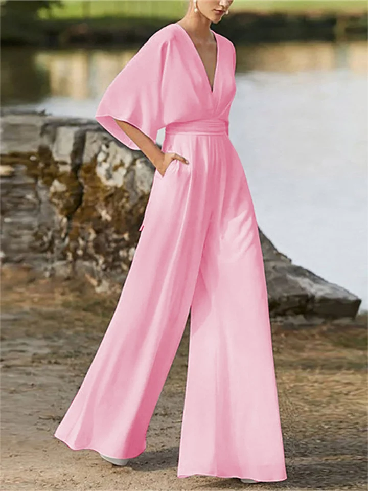 Chic V-Neck Jumpsuit for Women with Cap Sleeves