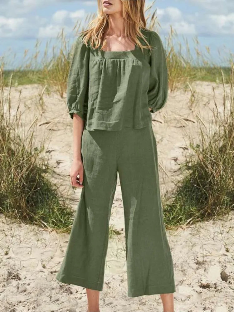 Relaxed Fit Linen Blouse and Pants Set for Women