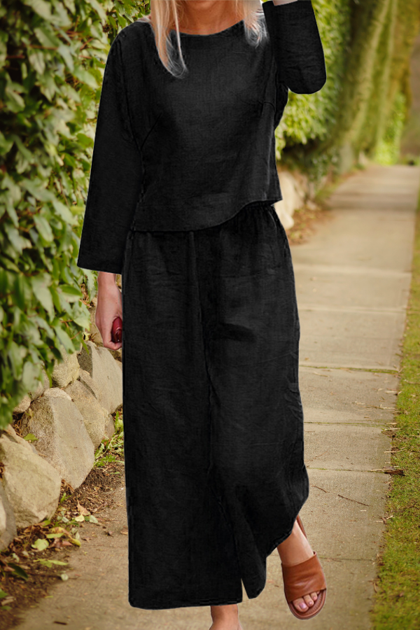 Ladies' 2 Piece Outfit with Long Sleeve Top and Wide Pants