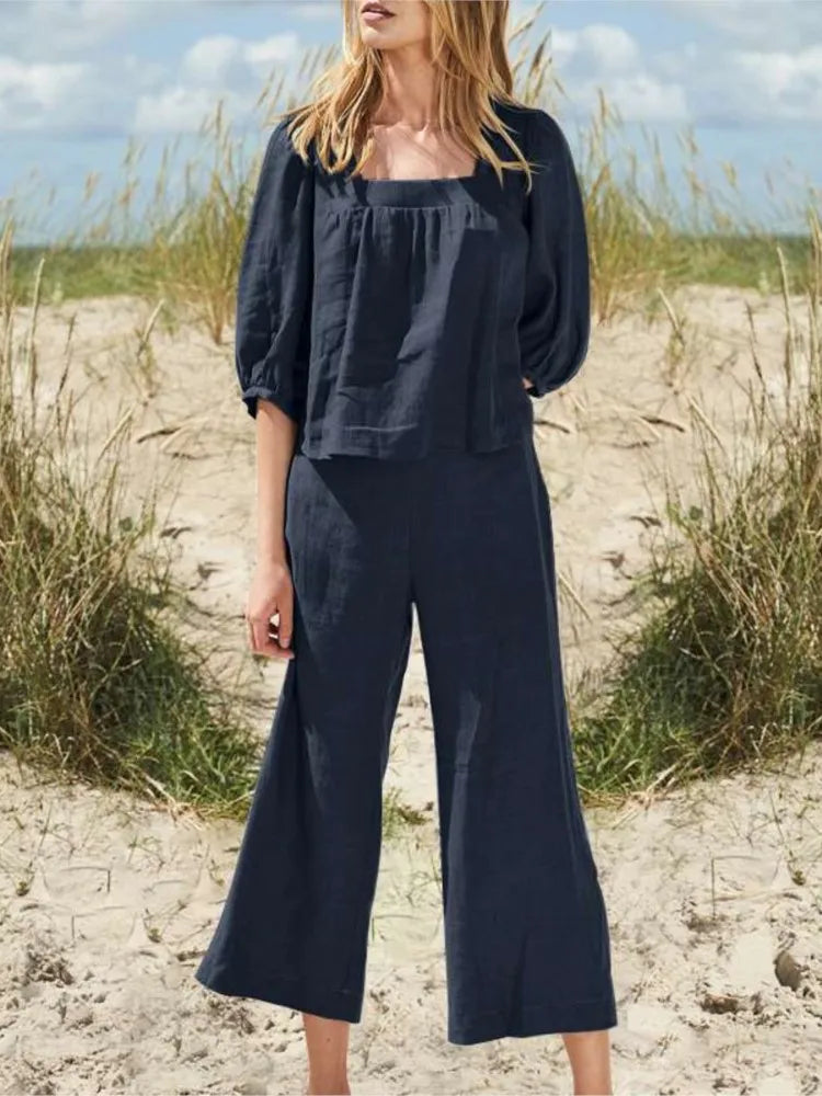 Relaxed Fit Linen Blouse and Pants Set for Women