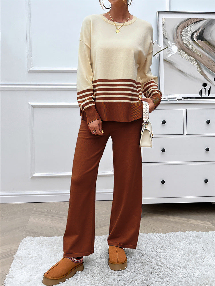Comfortable Casual Striped Blouse and Pants Set