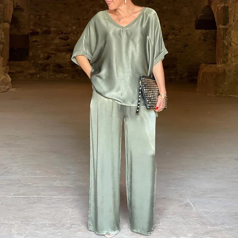 Soft Women's V-Neck Blouse and Pants Suit Set