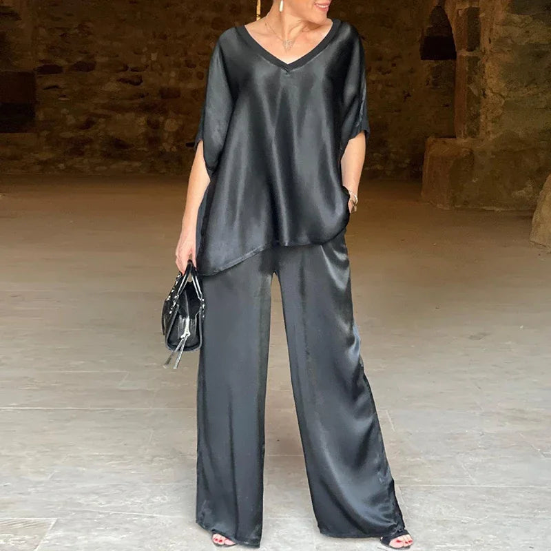 Soft Women's V-Neck Blouse and Pants Suit Set