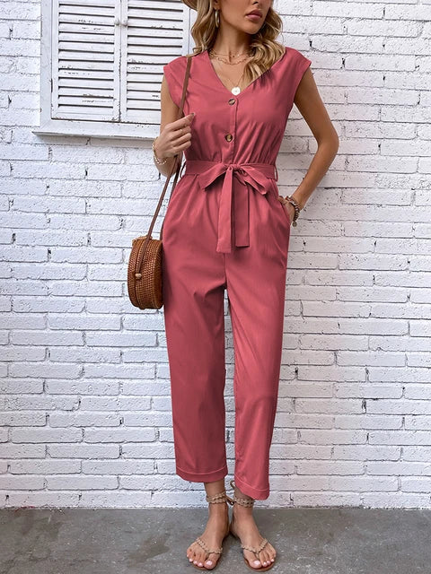 Summer V-Neck Jumpsuit for Women with Belt