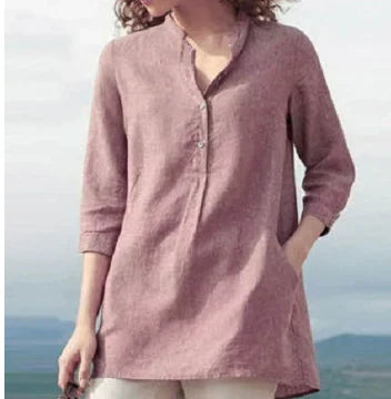 Relaxed Fit Women's Linen Blouse with Upright Collar - VogeLuxe