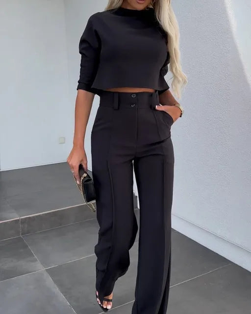 Chic Summer Crop Top and High Waisted Pants Set - VogeLuxe