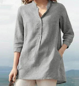 Relaxed Fit Women's Linen Blouse with Upright Collar