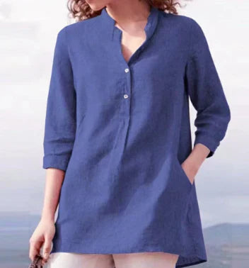Relaxed Fit Women's Linen Blouse with Upright Collar