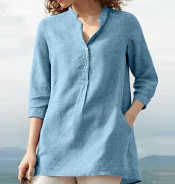 Relaxed Fit Women's Linen Blouse with Upright Collar