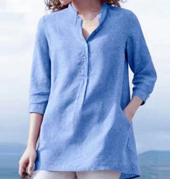 Relaxed Fit Women's Linen Blouse with Upright Collar