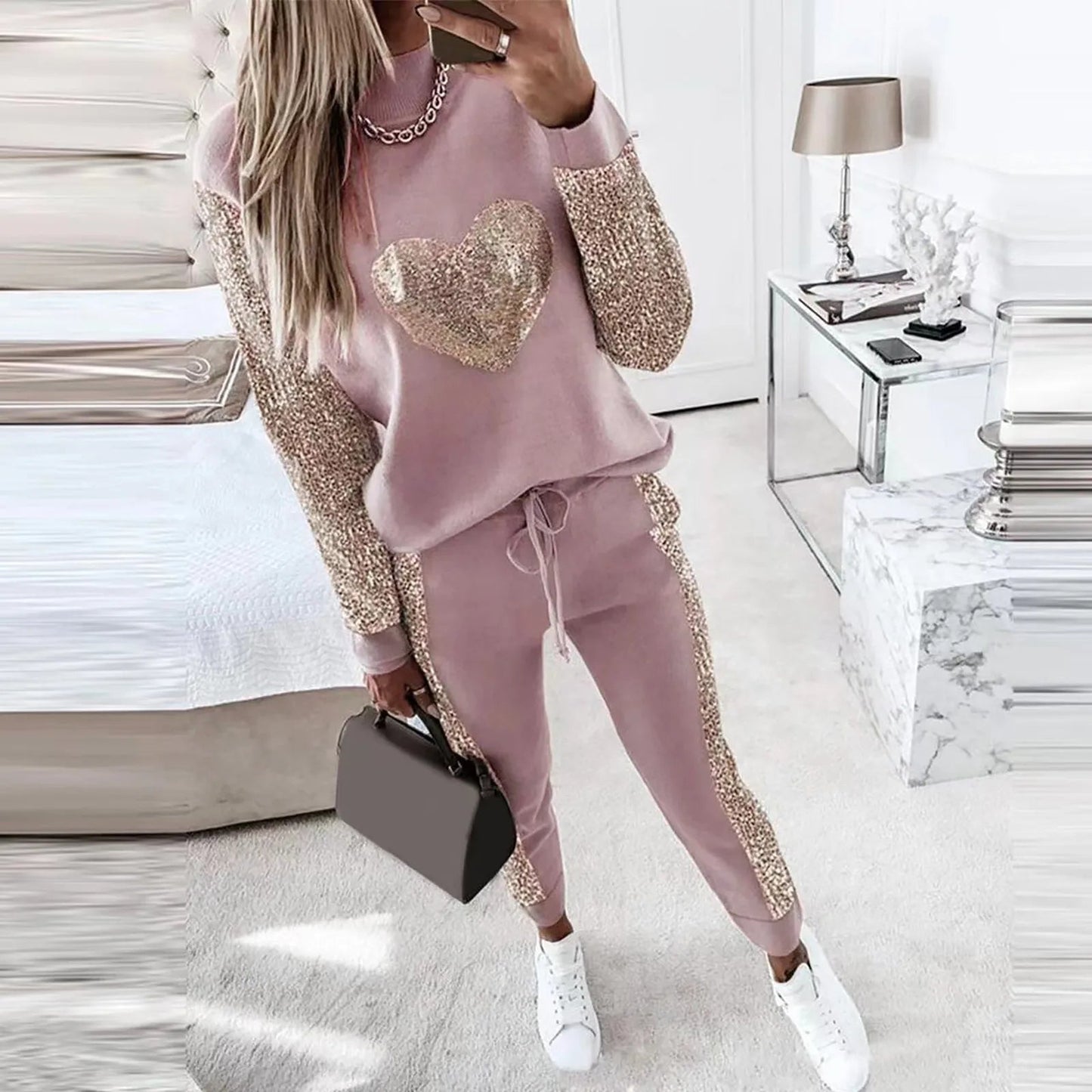 Chic Sequin Heart Top and Pants Outfit Set