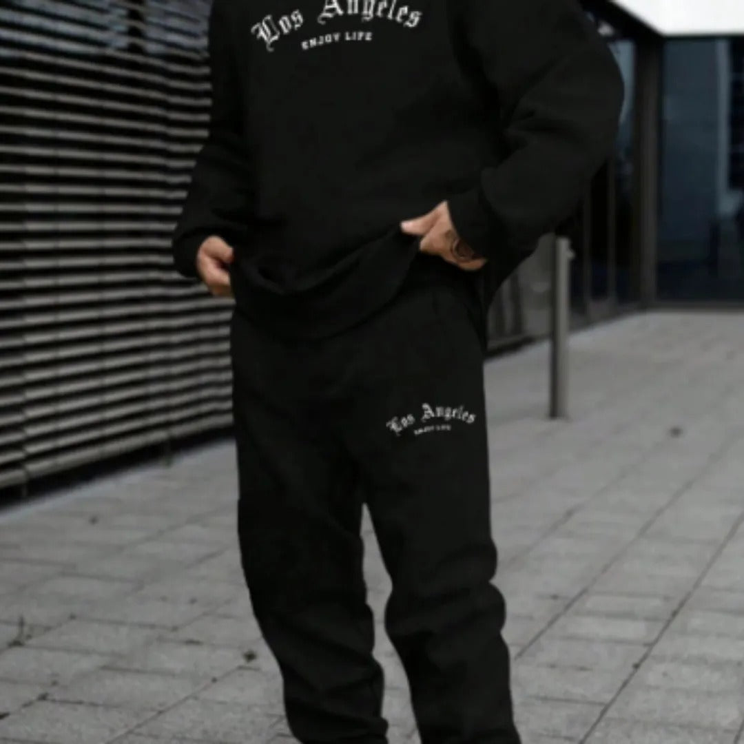 Relaxed Fit Hoodie Jogger Set with LA Graphic Print - BritishElegance