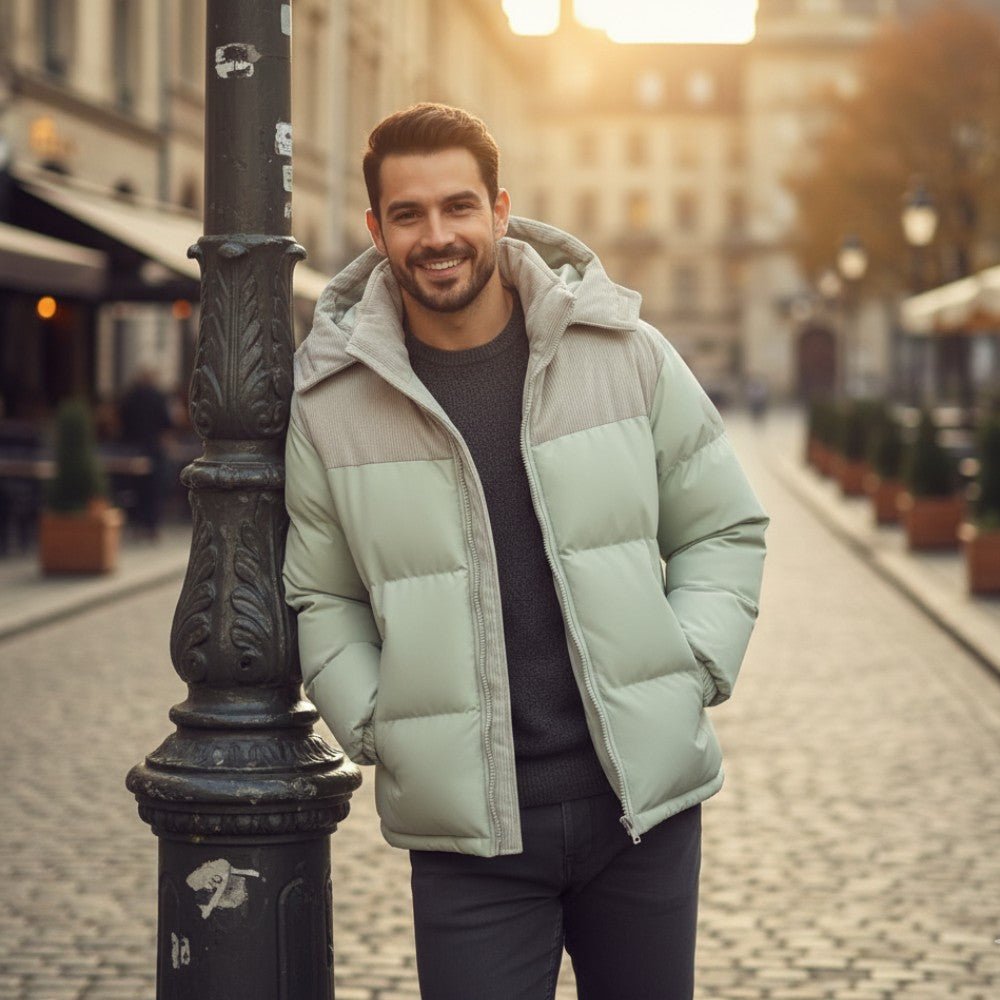 VogeLuxe | Men’s Two Tone Corduroy Yoke Puffer Jacket