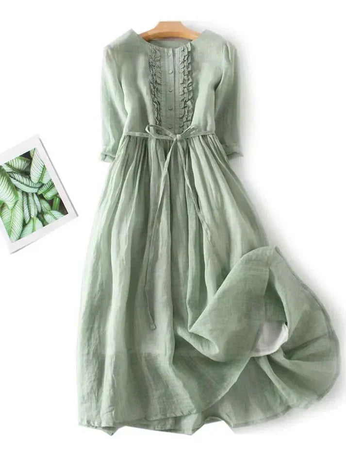 Ladies' Classic Linen Knee Length Dress with Belt