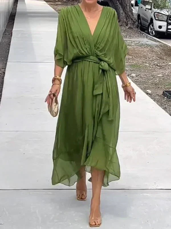 Luxurious V-Neck Silk Dress for Ladies - VogeLuxe