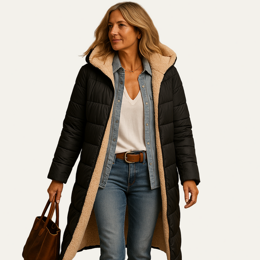 VogeLuxe | Women’s Long Line Sherpa Lined Hooded Puffer Coat