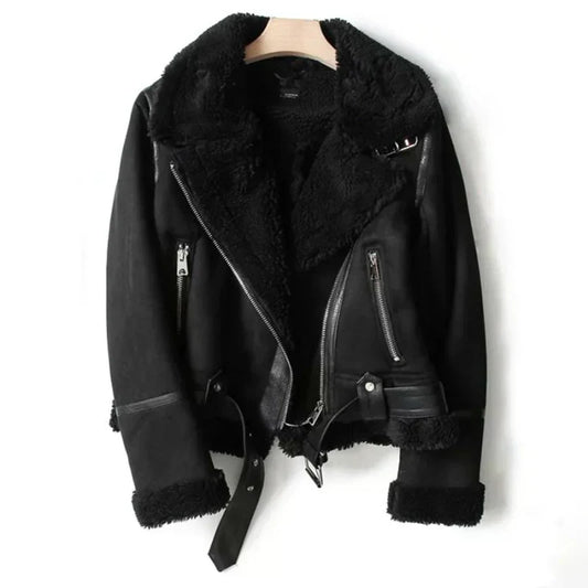 Warm Women's Sheepskin Biker Jacket with Front Pockets - VogeLuxe
