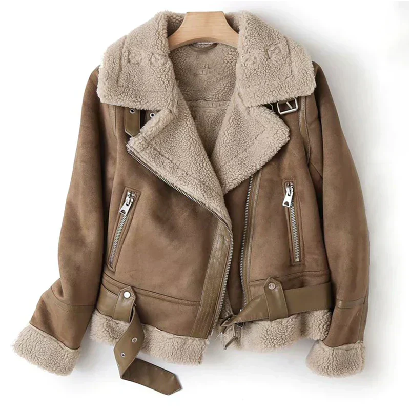 Warm Women's Sheepskin Biker Jacket with Front Pockets