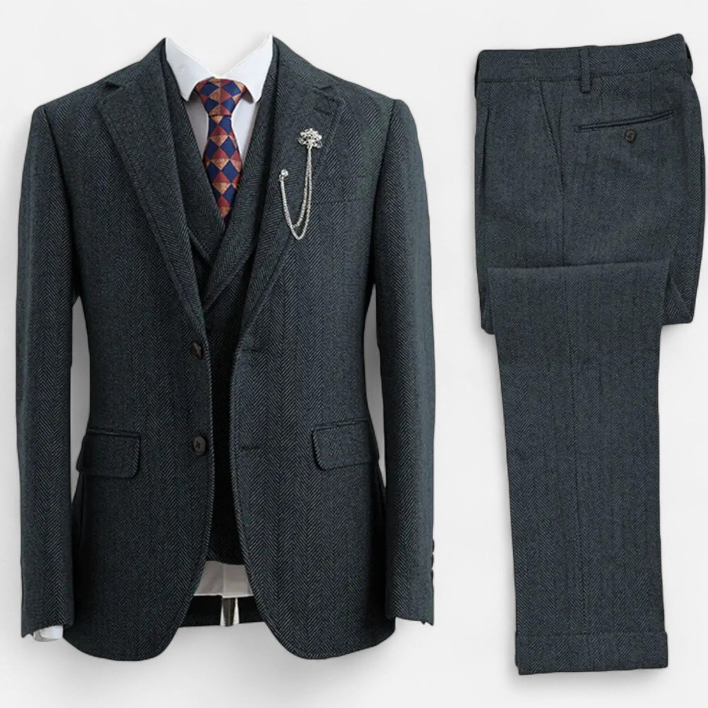 Classic Men's 3-Piece Wool Herringbone Suit