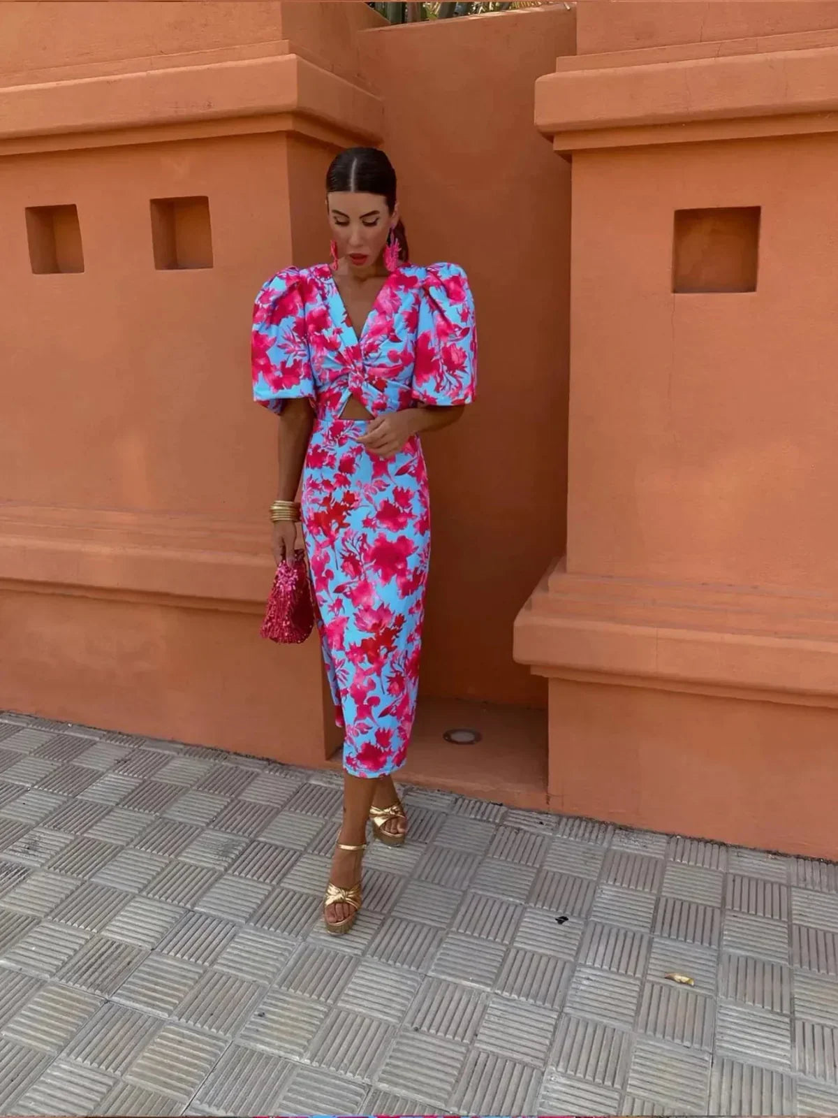 Fashionable Ladies Floral Puff Sleeve Dress