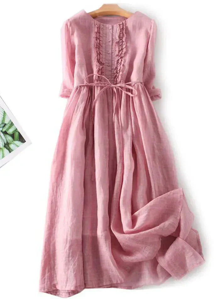Ladies' Classic Linen Knee Length Dress with Belt - BritishElegance