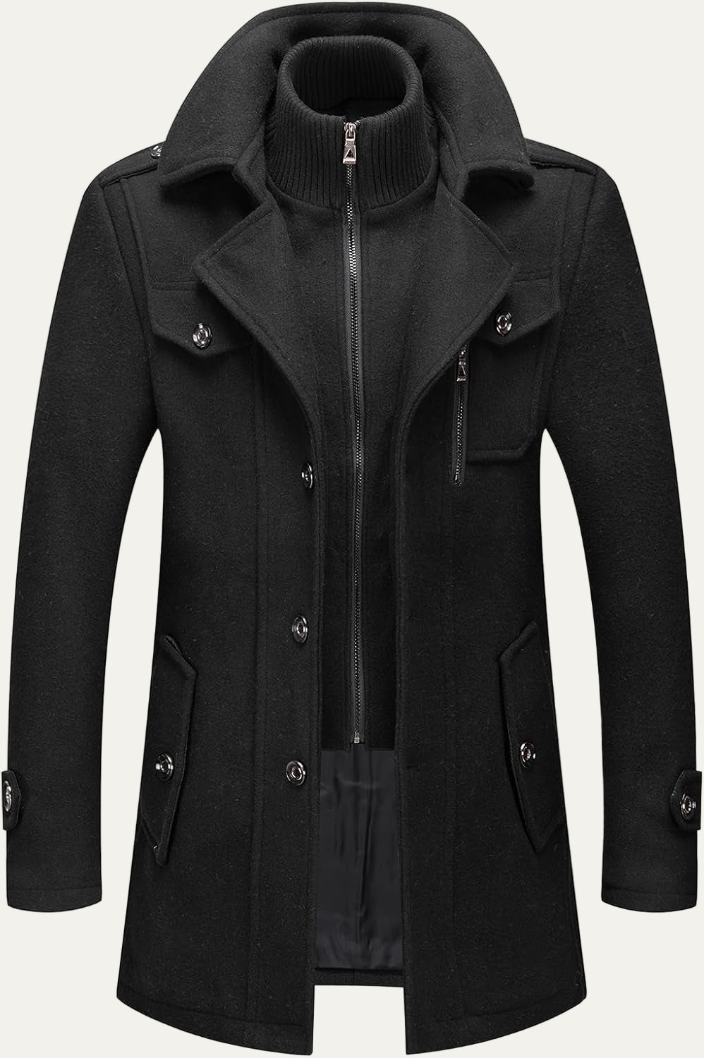 VogeLuxe | Men’s Wool Blend Peacoat with Hidden Bib and Quilted Lining