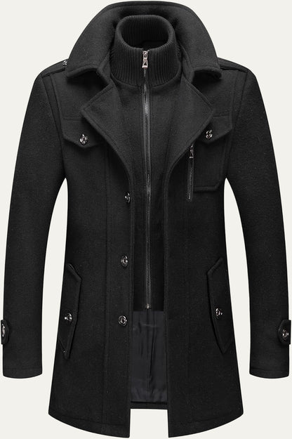 VogeLuxe | Men’s Wool Blend Peacoat with Hidden Bib and Quilted Lining