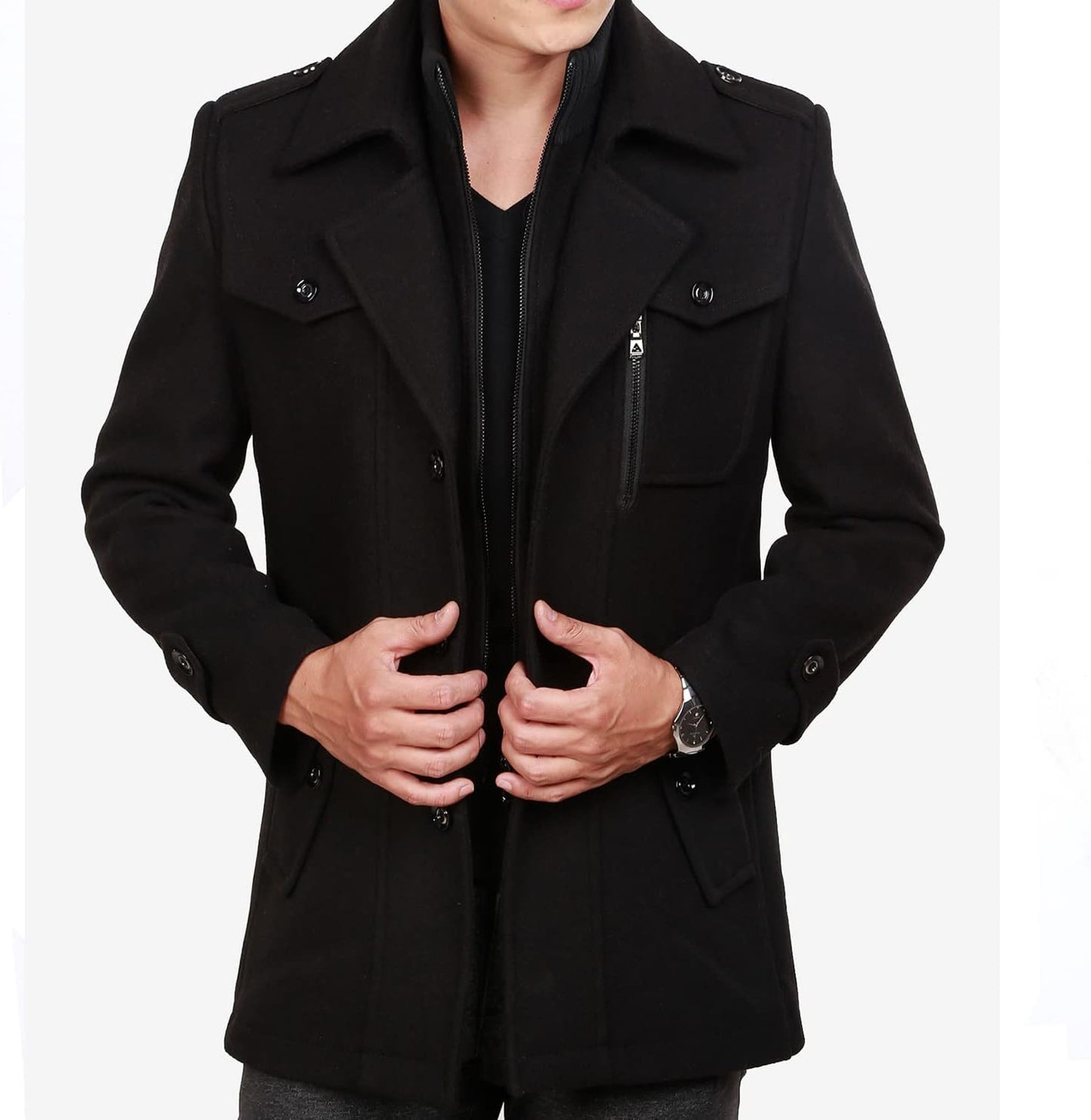 VogeLuxe | Men’s Wool Blend Peacoat with Hidden Bib and Quilted Lining