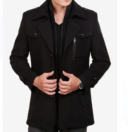 VogeLuxe | Men’s Wool Blend Peacoat with Hidden Bib and Quilted Lining