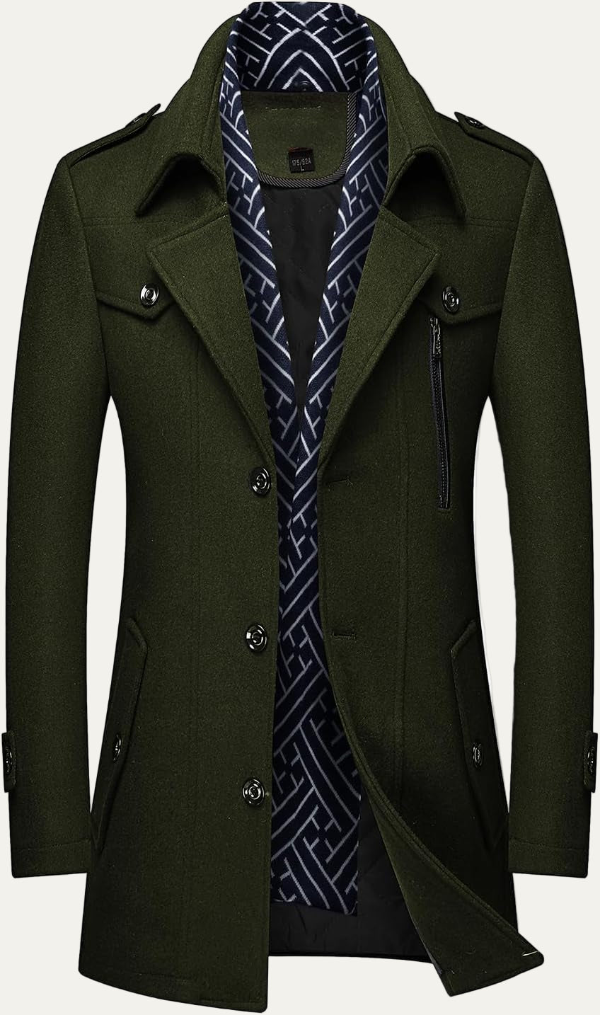 VogeLuxe | Men’s Wool Blend Peacoat with Hidden Bib and Quilted Lining