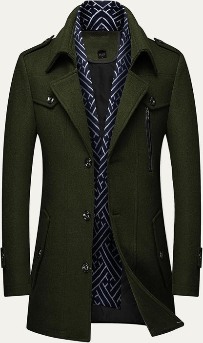 VogeLuxe | Men’s Wool Blend Peacoat with Hidden Bib and Quilted Lining