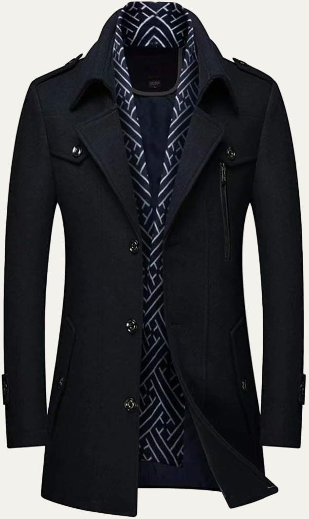 VogeLuxe | Men’s Wool Blend Peacoat with Hidden Bib and Quilted Lining