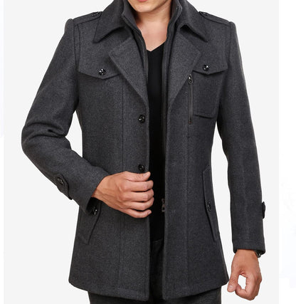 VogeLuxe | Men’s Wool Blend Peacoat with Hidden Bib and Quilted Lining