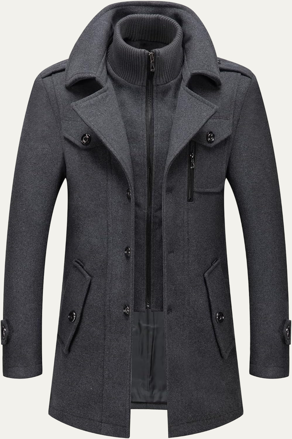 VogeLuxe | Men’s Wool Blend Peacoat with Hidden Bib and Quilted Lining