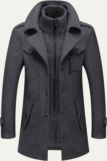 VogeLuxe | Men’s Wool Blend Peacoat with Hidden Bib and Quilted Lining