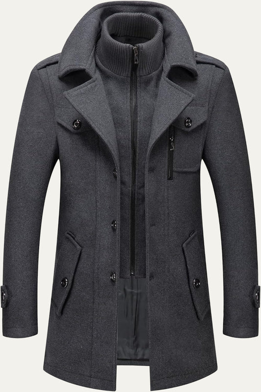 VogeLuxe | Men’s Wool Blend Peacoat with Hidden Bib and Quilted Lining