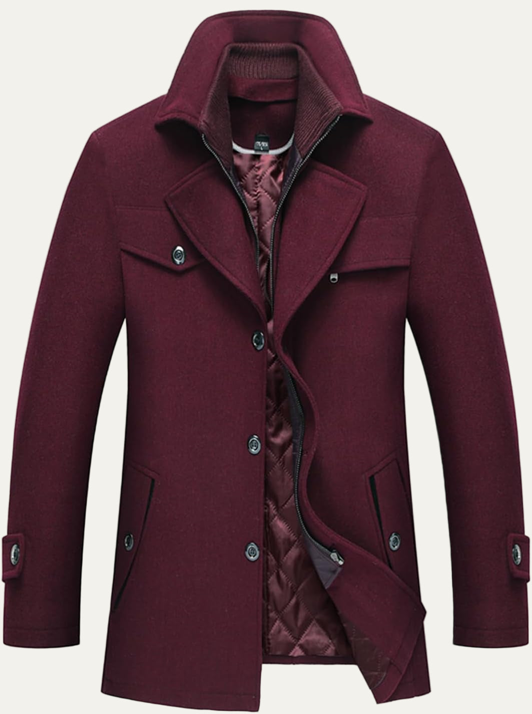 VogeLuxe | Men’s Wool Blend Peacoat with Hidden Bib and Quilted Lining