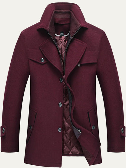 VogeLuxe | Men’s Wool Blend Peacoat with Hidden Bib and Quilted Lining