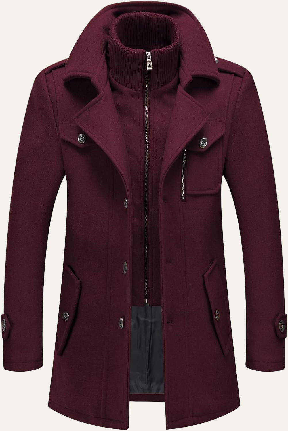 VogeLuxe | Men’s Wool Blend Peacoat with Hidden Bib and Quilted Lining