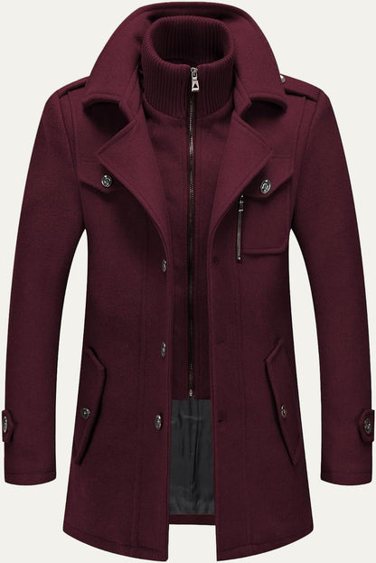 VogeLuxe | Men’s Wool Blend Peacoat with Hidden Bib and Quilted Lining