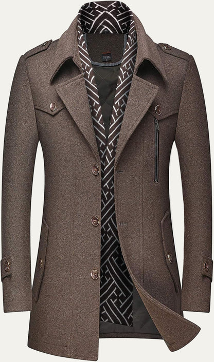 VogeLuxe | Men’s Wool Blend Peacoat with Hidden Bib and Quilted Lining