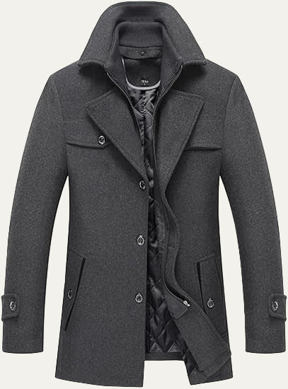 VogeLuxe | Men’s Wool Blend Peacoat with Hidden Bib and Quilted Lining
