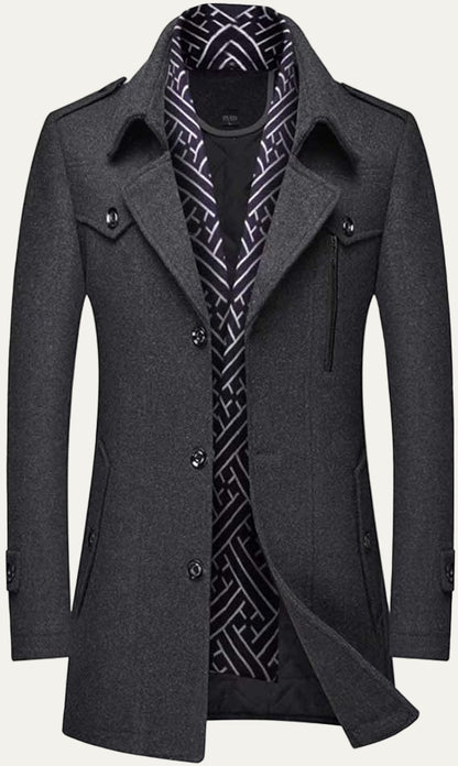 VogeLuxe | Men’s Wool Blend Peacoat with Hidden Bib and Quilted Lining