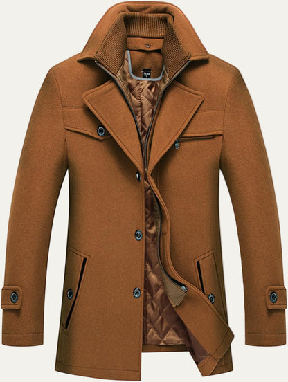 VogeLuxe | Men’s Wool Blend Peacoat with Hidden Bib and Quilted Lining