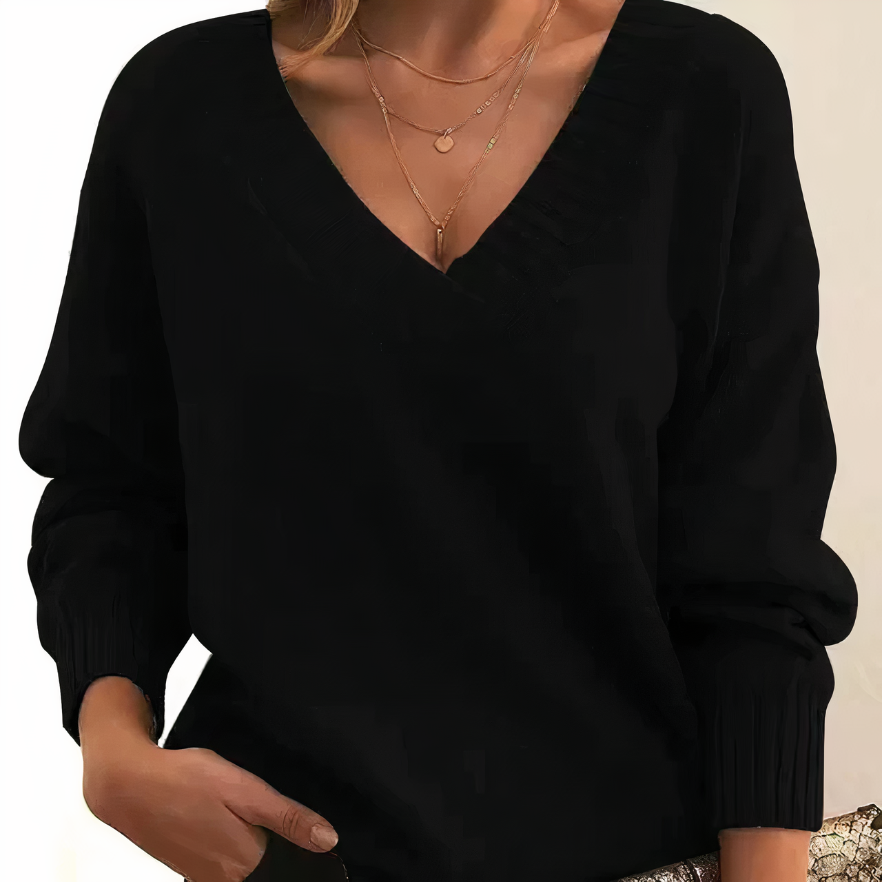 Donna Maglione Classico con Scollo a V e Maniche Lunghe - VogeLuxe
