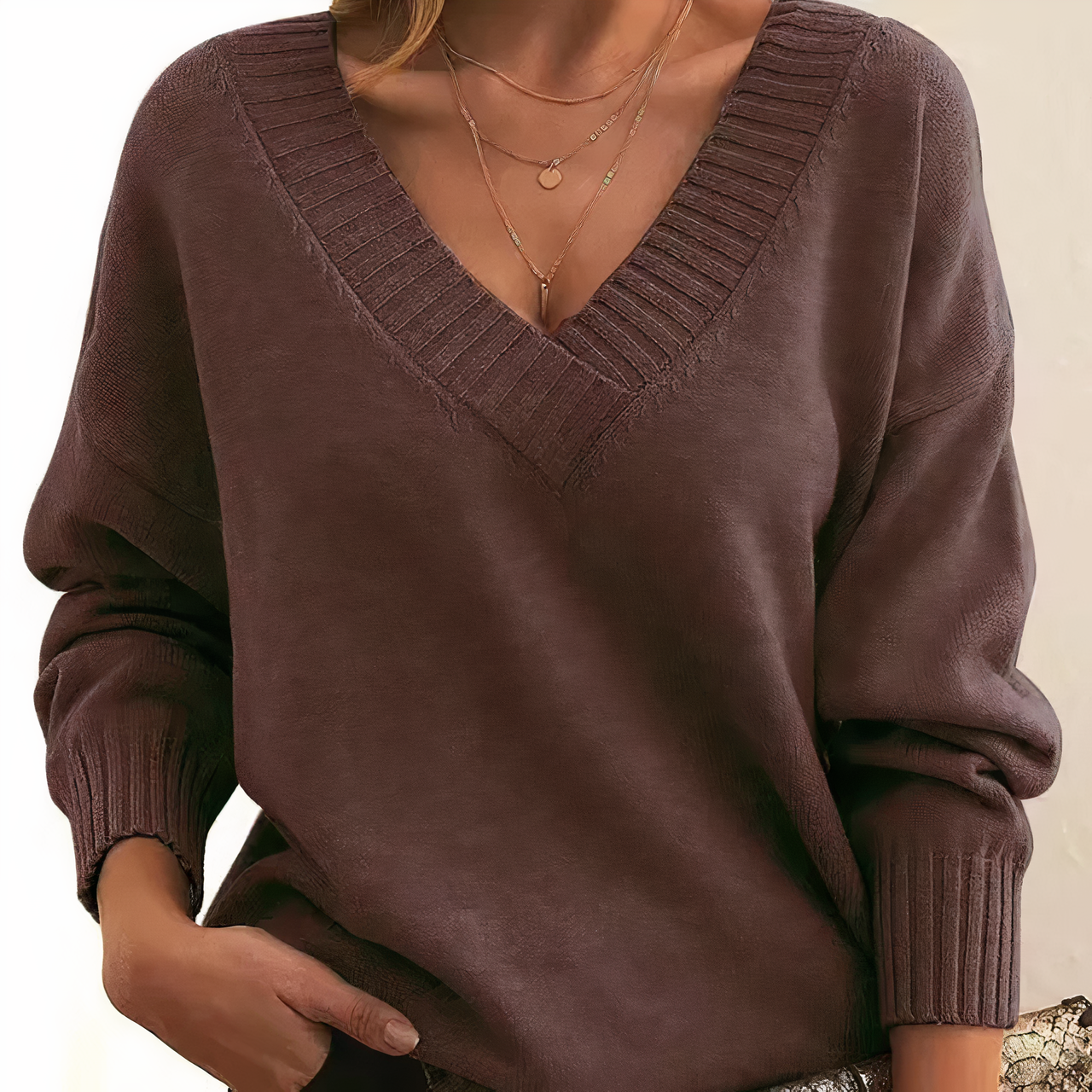 Donna Maglione Classico con Scollo a V e Maniche Lunghe