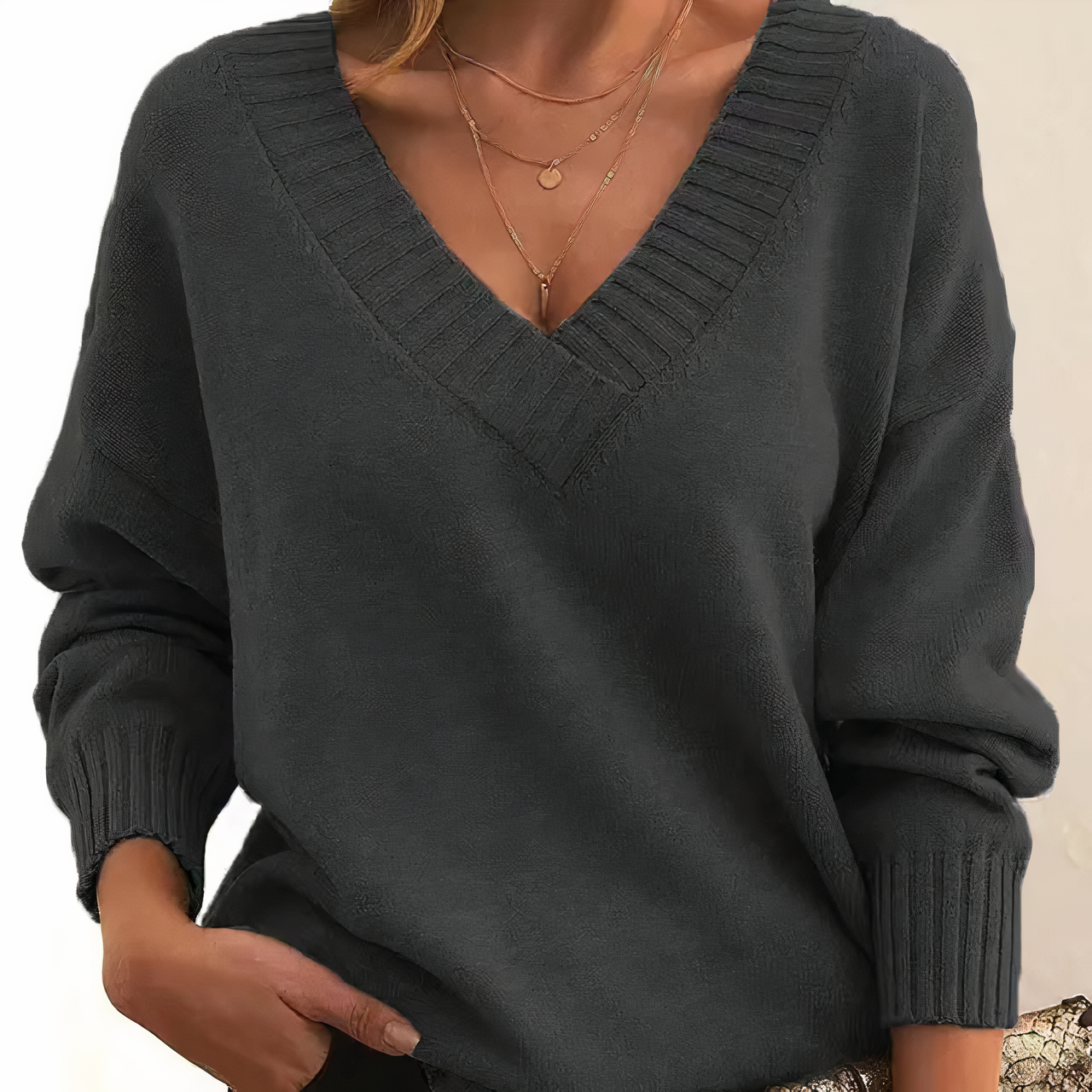 Donna Maglione Classico con Scollo a V e Maniche Lunghe