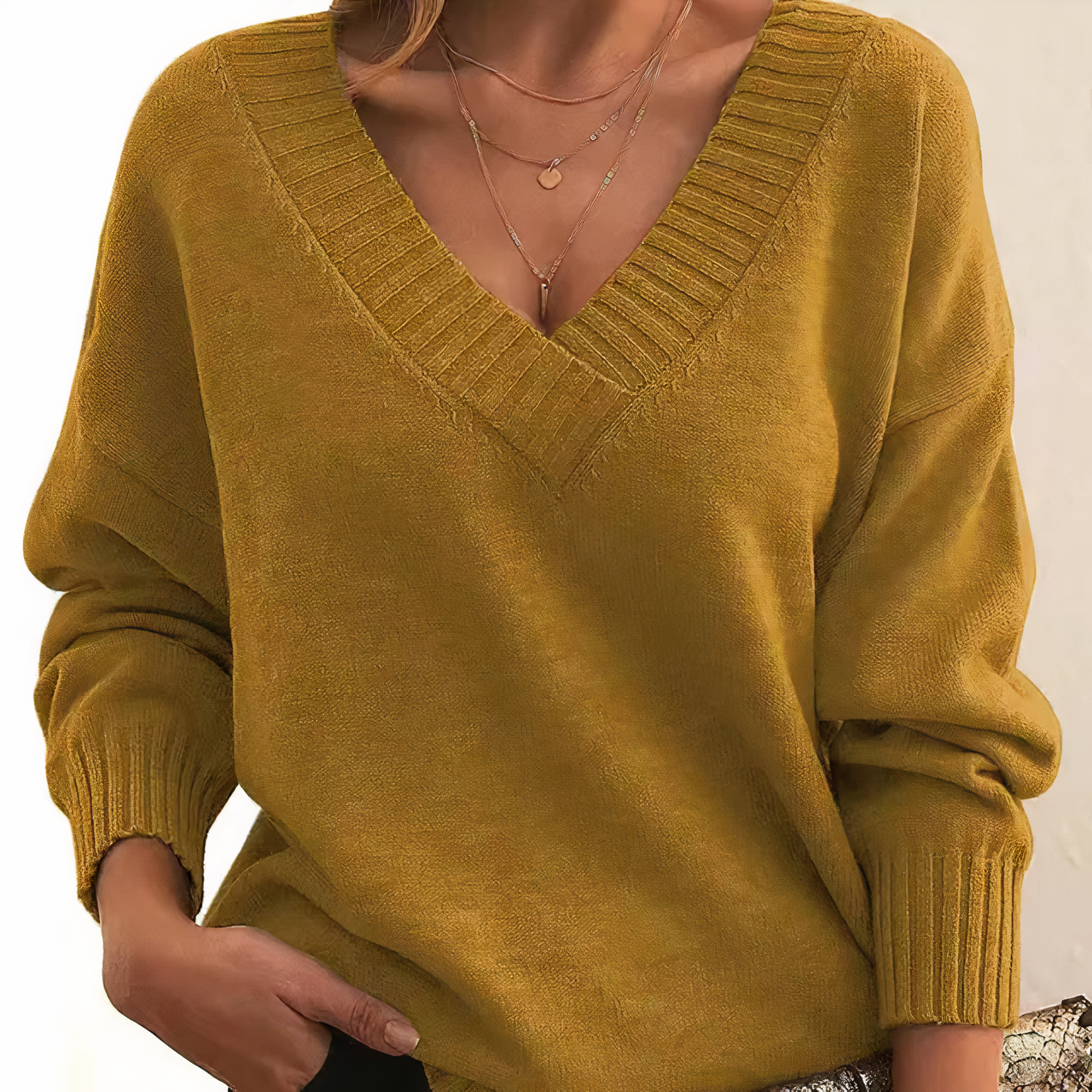 Donna Maglione Classico con Scollo a V e Maniche Lunghe