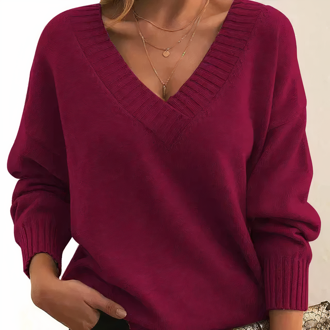 Donna Maglione Classico con Scollo a V e Maniche Lunghe